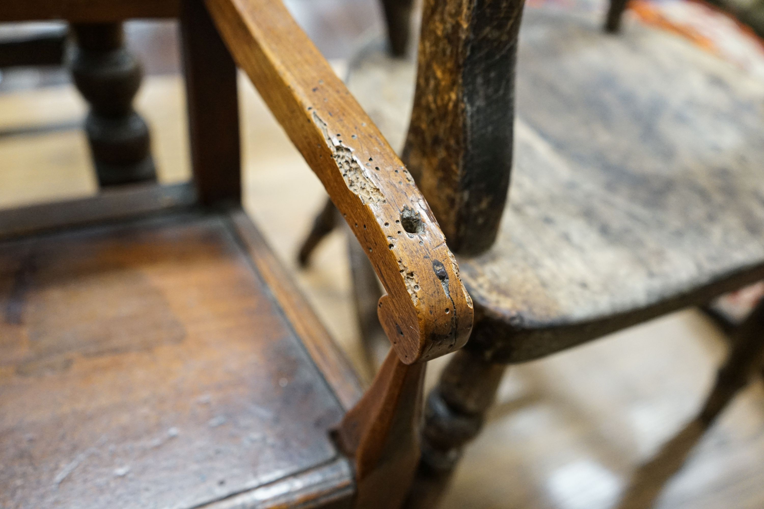 A 19th century fruitwood child's chair, larger width 30cm, height 48cm and a child's primitive tub chair